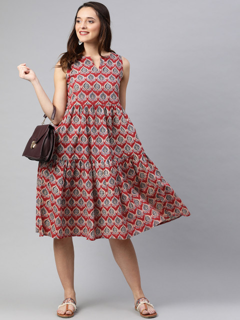 

SIAH Women Rust Red Printed A-Line Dress