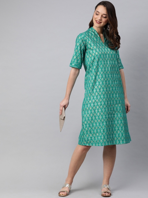 

SIAH Women Turquoise Blue Printed A-Line Dress
