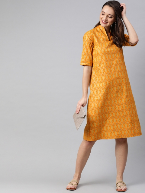 

SIAH Women Mustard Yellow Printed A-Line Dress