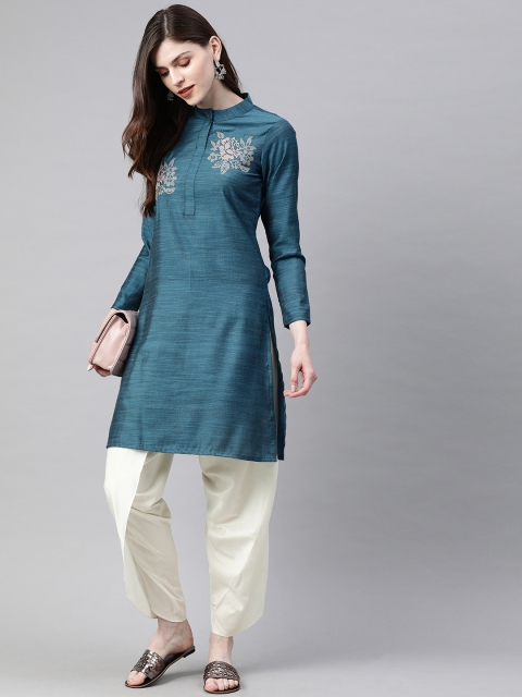 

SIAH Women Teal Blue & White Yoke Design Kurta with Dhoti Pants