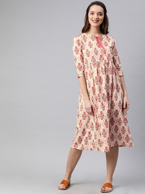 

SIAH Women Cream-Coloured Printed Fit and Flare Dress
