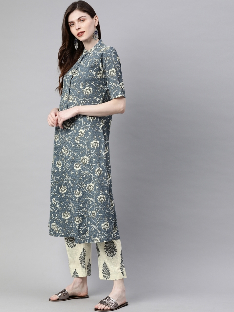 

SIAH Women Teal Blue & Cream-Coloured Printed Kurta with Trousers