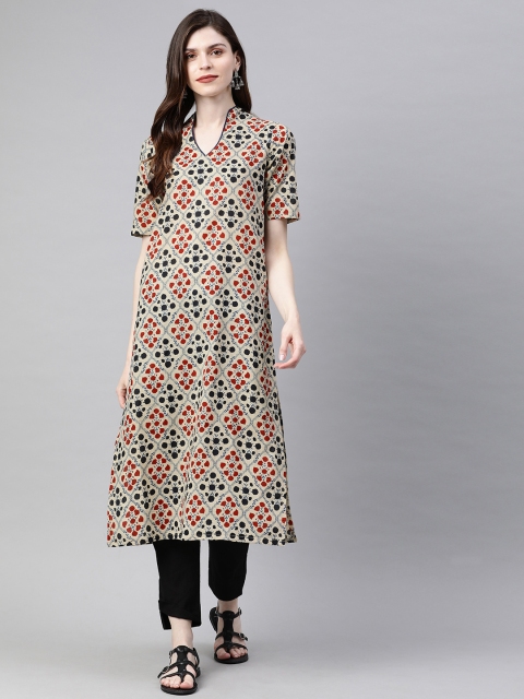 

SIAH Women Off-White & Red Printed Kurta with Trousers