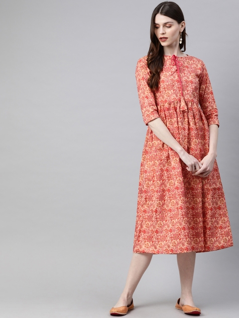 

SIAH Women Peach-Coloured Floral Printed Empire Dress