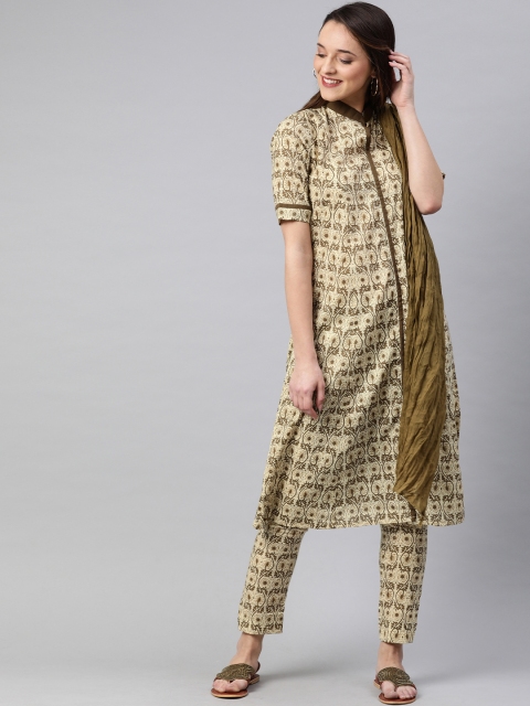 

SIAH Women Olive Green & Cream-Coloured Printed Kurta with Trousers & Dupatta