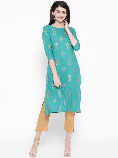 

Be Indi Women Blue & Golden Printed Straight Kurta