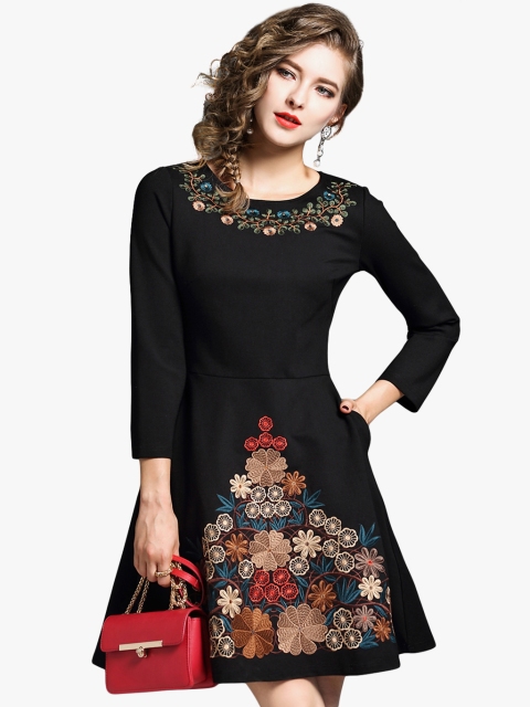 

JC Collection Women Black & Beige Floral Embroidered Fit and Flare Dress