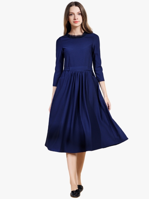 

JC Collection Women Navy Blue Self Striped A-Line Dress