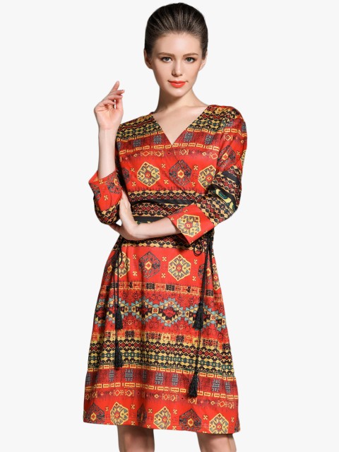 

JC Collection Women Orange & Black Printed Wrap Dress