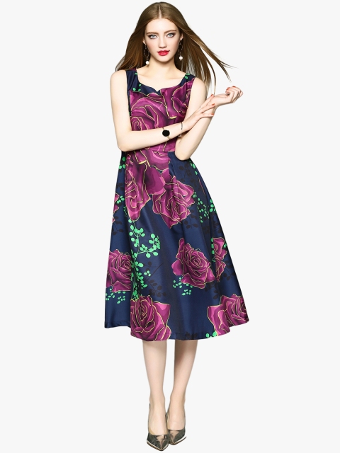 

JC Collection Women Navy Blue & Purple Printed Fit and Flare Dress