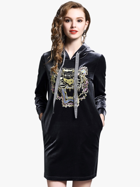 

JC Collection Women Black Embroidered Velvet Finish Hooded Shift Dress