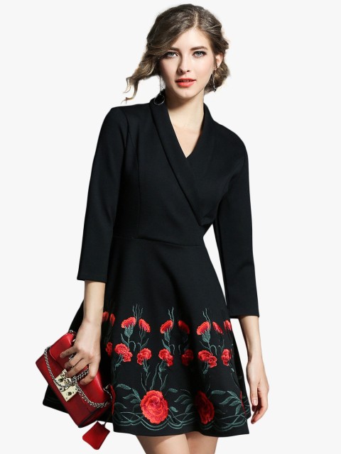 

JC Collection Women Black & Red Embroidered Wrap Dress