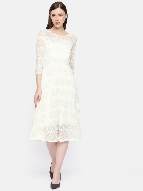 

JC Collection Women White & Golden Self Design Fit and Flare Dress with Lace Inserts