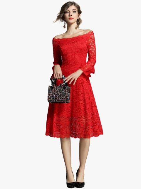 

JC Collection Women Red Lace Fit and Flare Dress