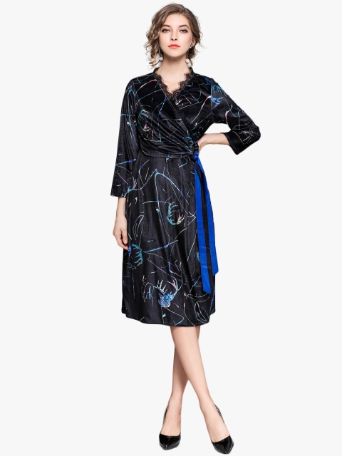 

JC Collection Women Black & Blue Printed Wrap Dress With Velvet Finish