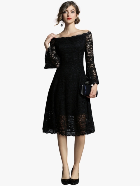 

JC Collection Women Black Lace Off-Shoulder Fit and Flare Dress