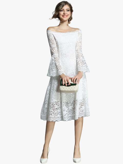 

JC Collection Women White Off-Shoulder Lace A-Line Dress
