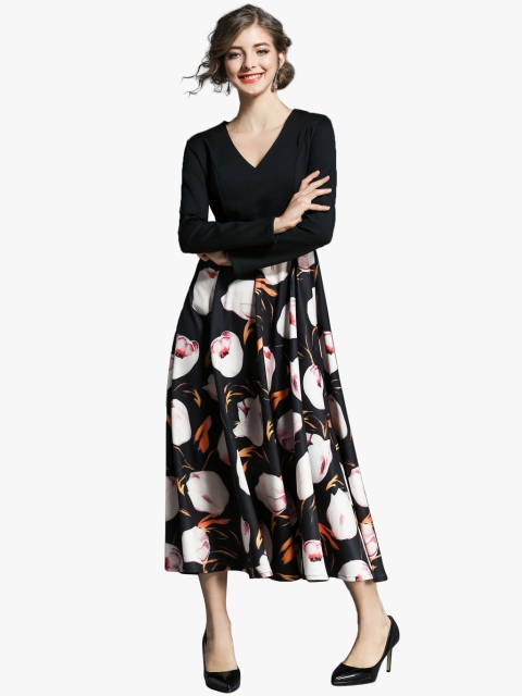 

JC Collection Women Black & Off White Printed A-Line Dress