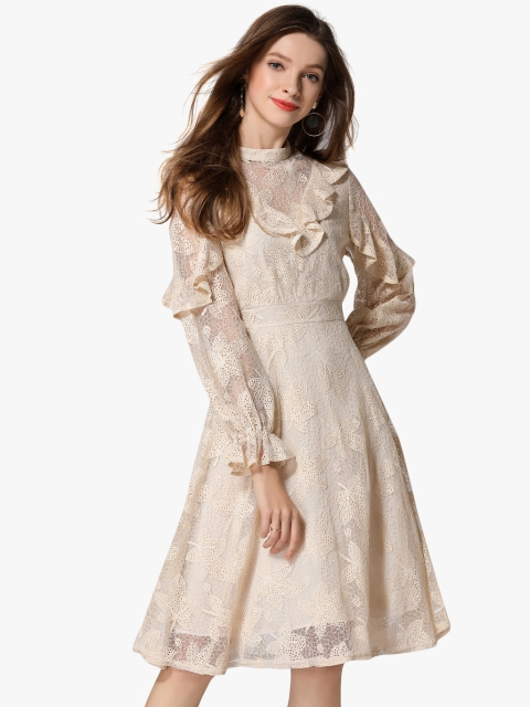 

JC Collection Women Cream-Coloured Lace Fit and Flare Dress