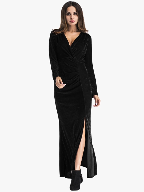 

JC Collection Women Black Velvet Finish Solid Maxi Dress