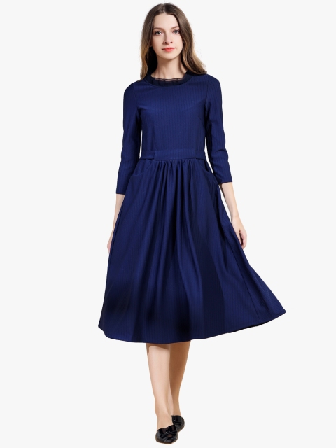 

JC Collection Women Navy Blue Self Striped Fit and Flare Dress