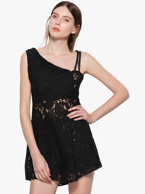 

JC Collection Women Black Lace Sheer A-Line Dress