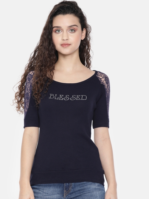 

JC Collection Women Navy Blue Solid Top With Lace Detailing
