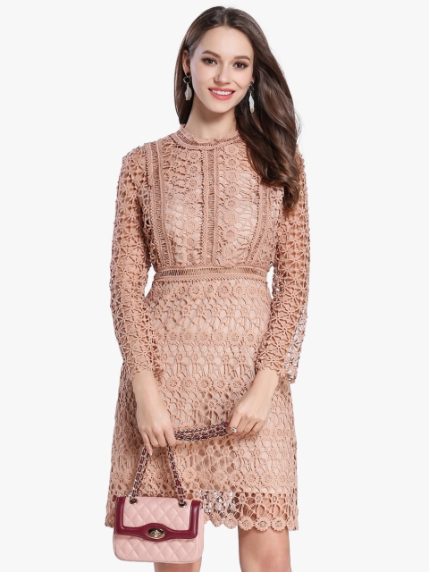 

JC Collection Women Beige Lace Semi-Sheer A-Line Dress
