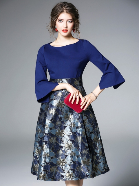 

Blue Printed Flared Skirt Set