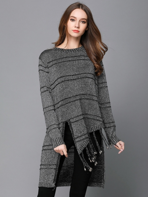 

JC Collection Women Silver& Black Striped Longline Sweater