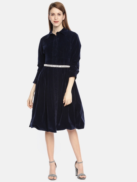 

JC Collection Women Navy Blue Solid Fit and Flare Velvet Dress