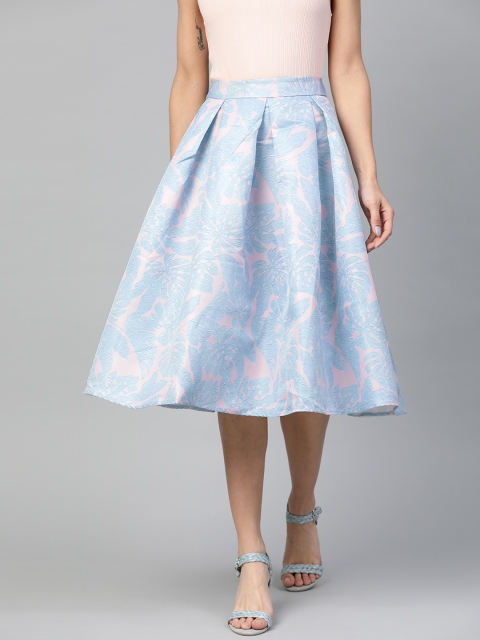 

JC Collection Women Blue & Pink Tropical Print Pleated Flared Skirt