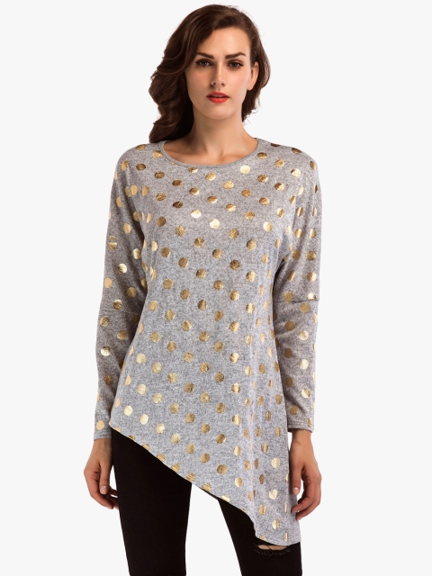 

JC Collection Women Grey Melange & Golden Printed Asymmetric Top