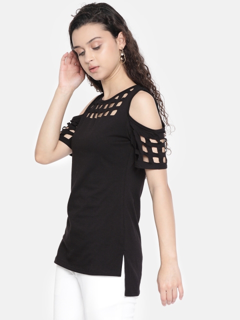 

JC Collection Women Black Cold-Shoulder Solid Top With Cut Out Detailing