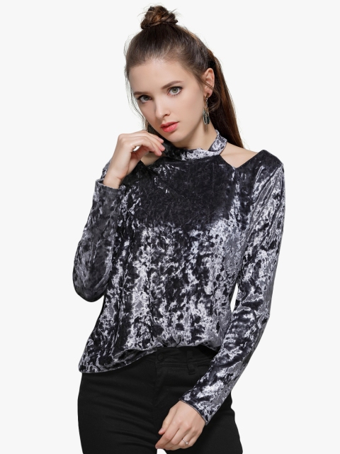 

JC Collection Women Grey Solid Crushed Velvet Top