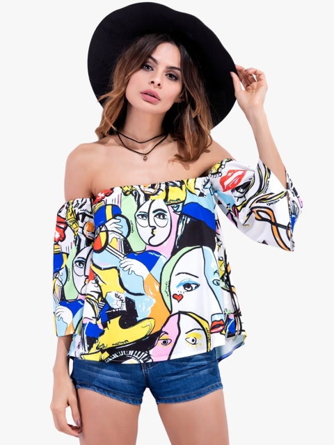 

JC Collection Women Multicoloured Printed Bardot Top, Multi