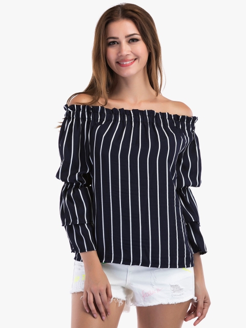 

JC Collection Women Navy Blue & White Striped Bardot Top