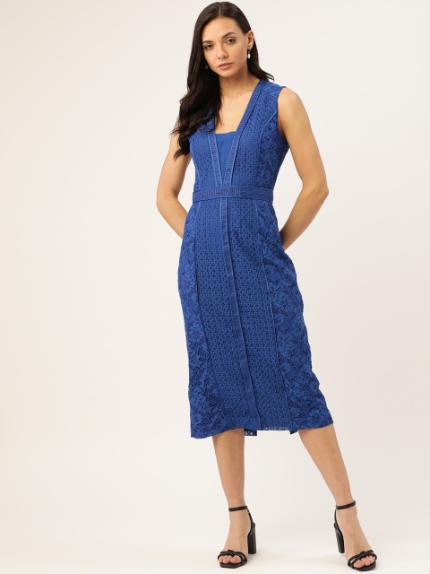 

MANGO Women Blue Lace Midi Sheath Dress with Back Slit