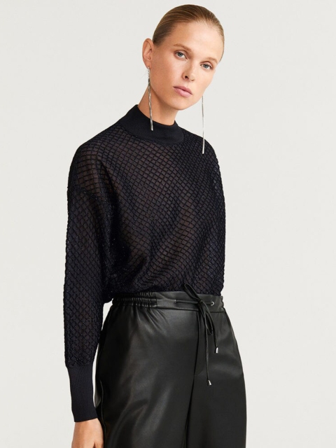 

MANGO Women Black Self Design Pullover Sweater