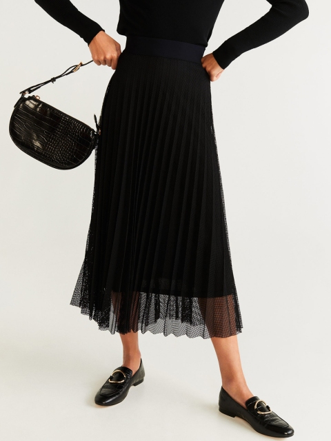 

MANGO Women Black Solid Accordion Pleated Mesh Semi-Sheer A-Line Skirt