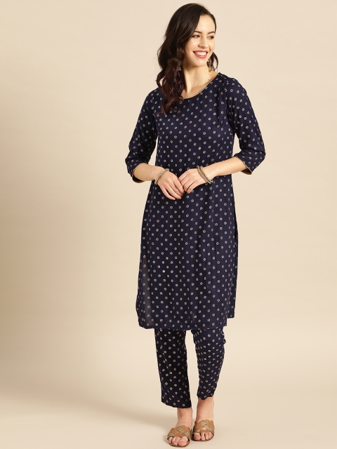 

IMARA Women Navy Blue & Golden Embossed Printed Kurta with Trousers