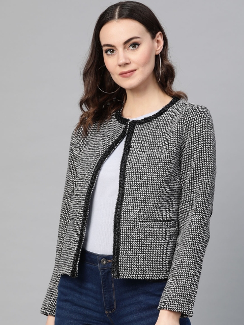 

Van Heusen Woman Black & Off-White Self-Design Open Front Jacket