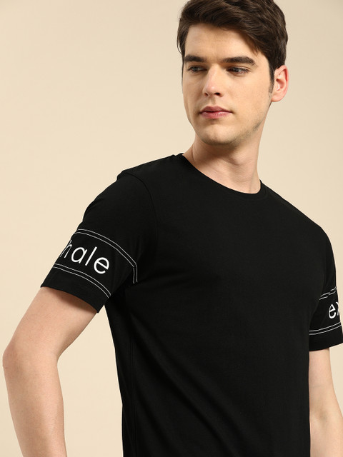 

ether Men Black Solid Round Neck Pure Cotton T-shirt