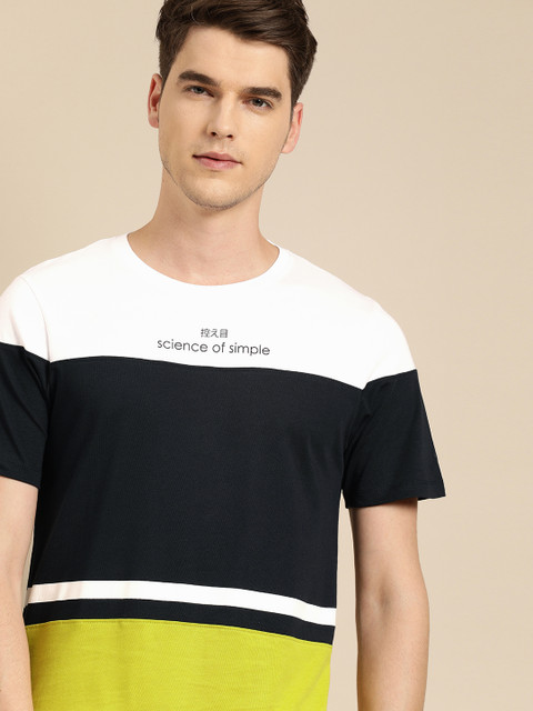

ether Men Navy Blue & White Colourblocked Round Neck T-shirt