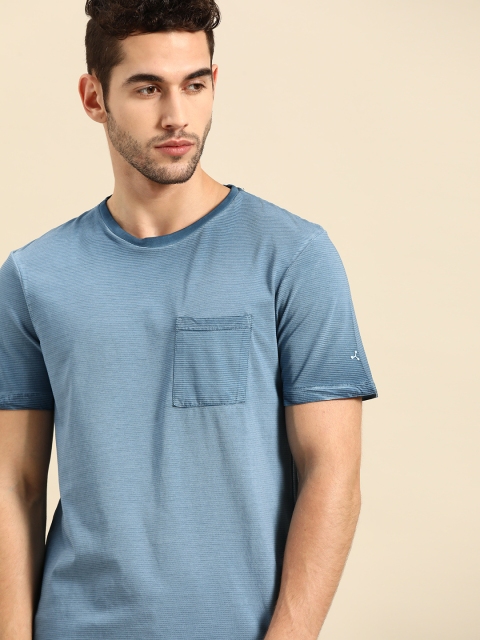 

ether Men Blue Self Striped Round Neck T-shirt