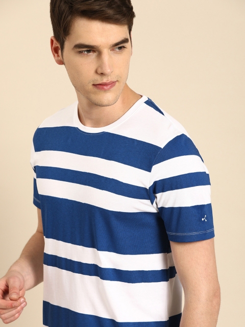

ether Men White & Blue Striped Round Neck T-shirt, Off white