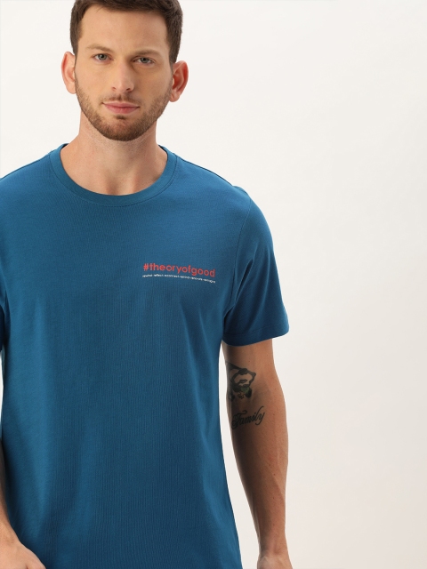 

ether Men Teal Blue Solid Round Neck Pure Cotton T-shirt with Printed Detail