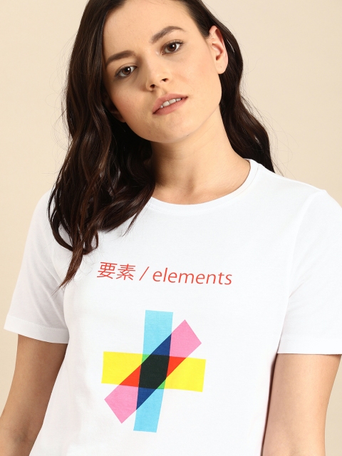 

ether Women White Printed Round Neck T-shirt