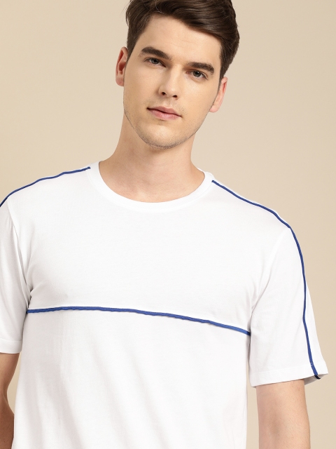 

ether Men White Solid Round Neck Pure Cotton T-shirt With Striped Detailing