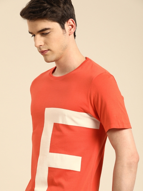 

ether Men Orange Printed Round Neck T-shirt